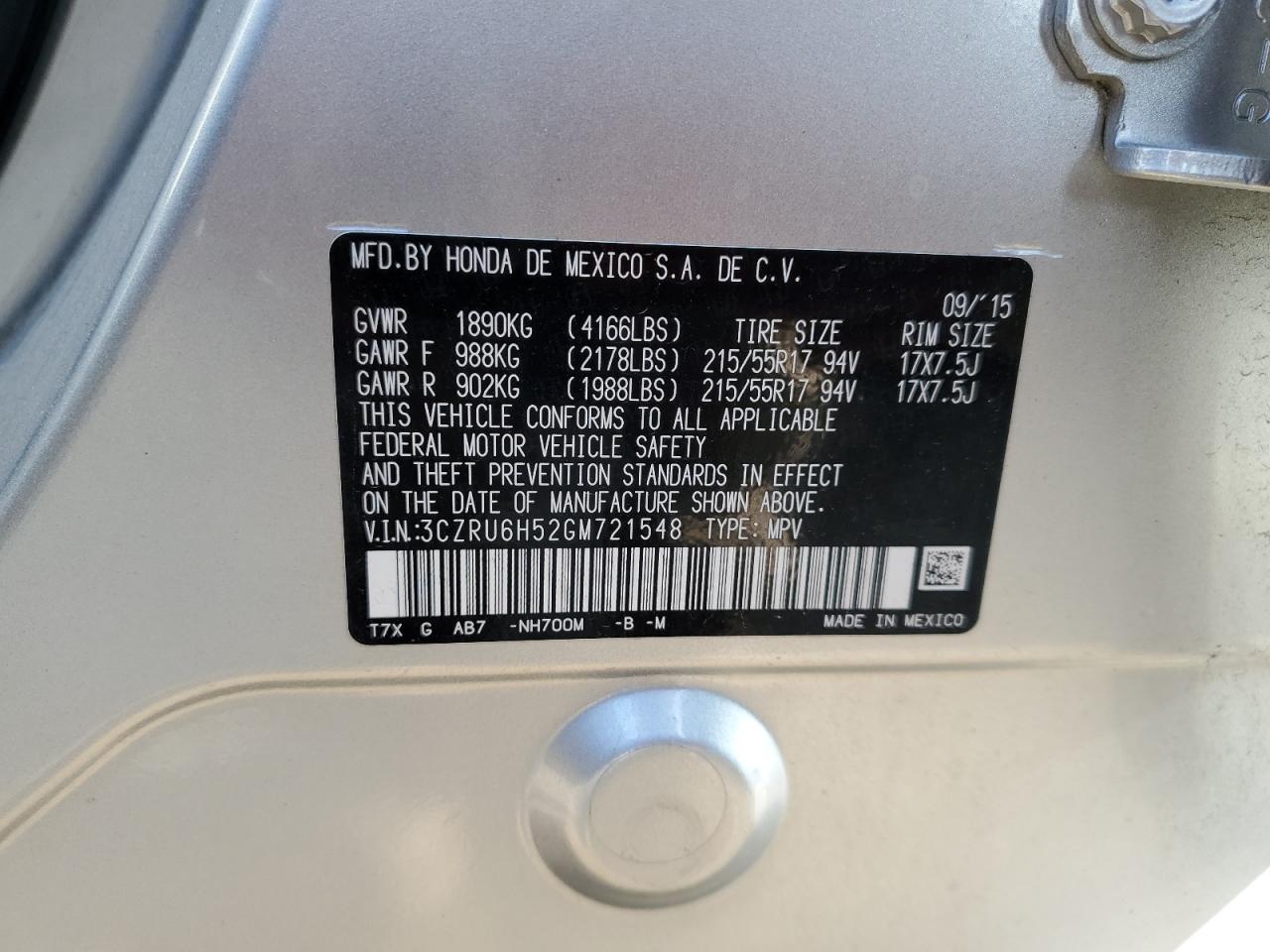 2016 Honda Hr-V Ex VIN: 3CZRU6H52GM721548 Lot: 57177985