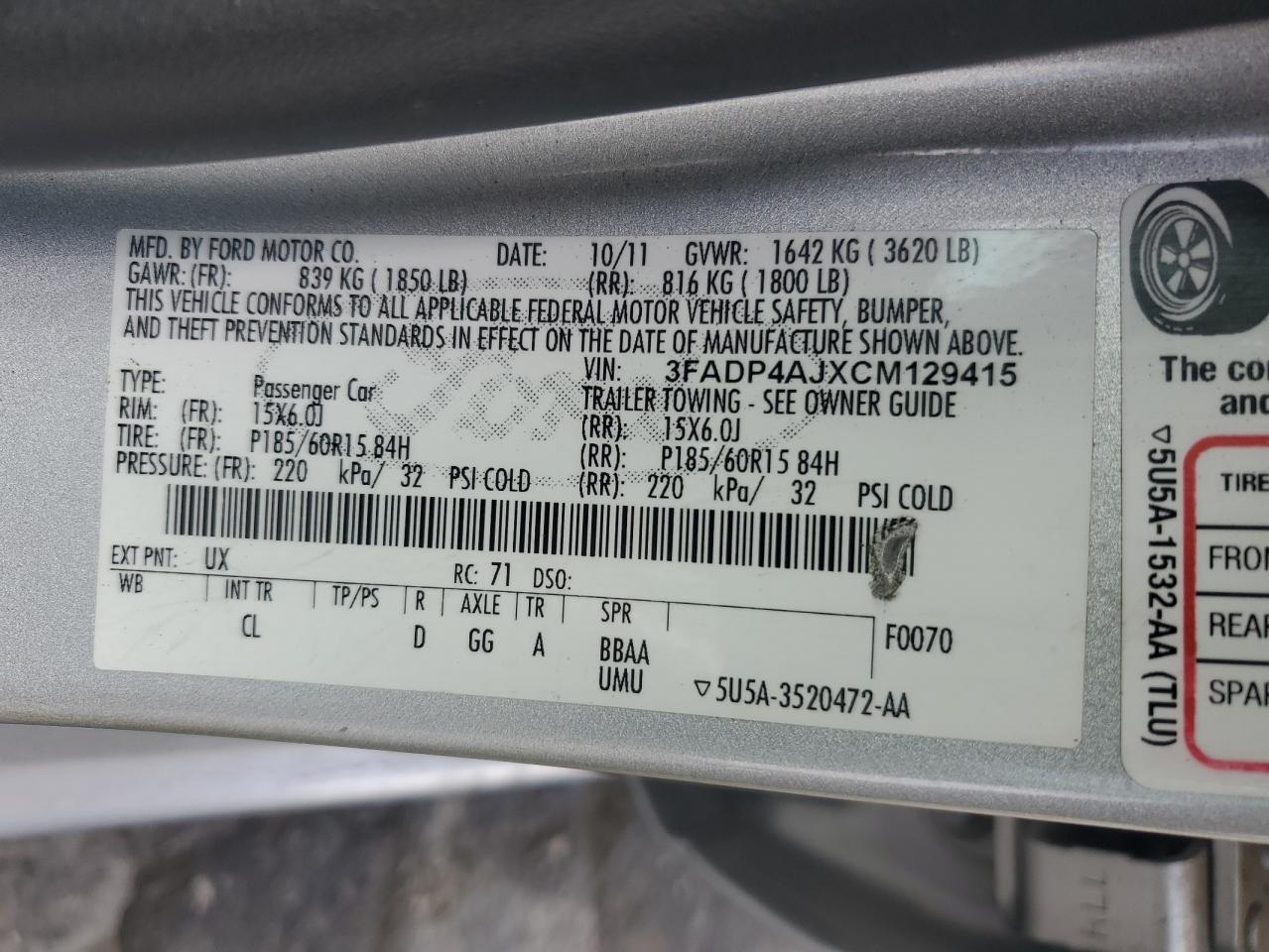 2012 Ford Fiesta S VIN: 3FADP4AJXCM129415 Lot: 55447135