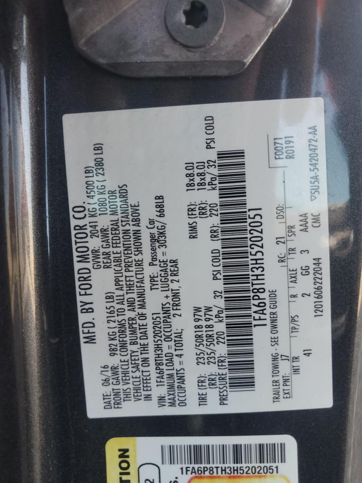 2017 Ford Mustang VIN: 1FA6P8TH3H5202051 Lot: 53788085