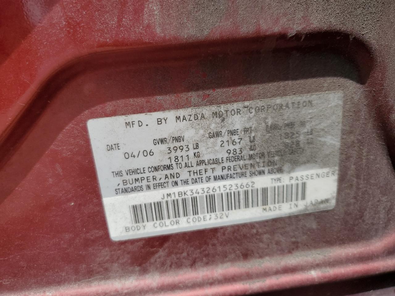 2006 Mazda 3 Hatchback VIN: JM1BK343261523662 Lot: 56206845