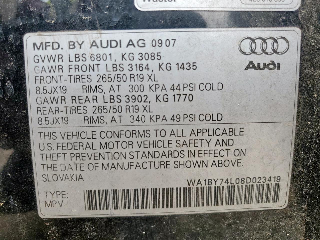 2008 Audi Q7 3.6 Quattro Premium VIN: WA1BY74L08D023419 Lot: 57443265