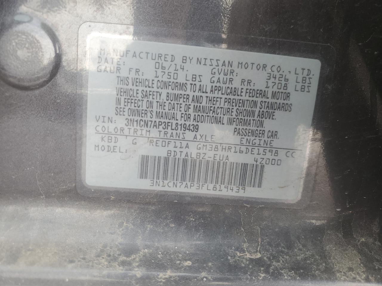 2015 Nissan Versa S VIN: 3N1CN7AP3FL819439 Lot: 59018615