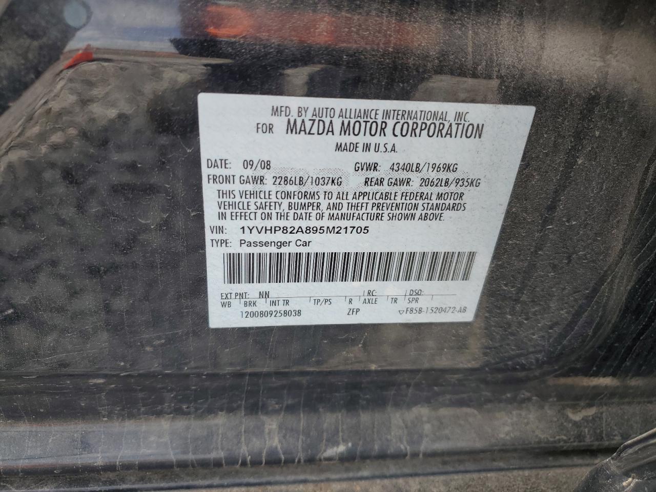 2009 Mazda 6 I VIN: 1YVHP82A895M21705 Lot: 57065245