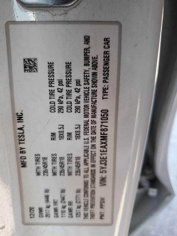 2021 Tesla Model 3 VIN: 5YJ3E1EAXMF871050 Lot: 56959565