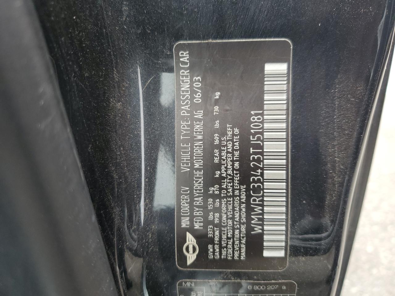 2003 Mini Cooper VIN: WMWRC33423TJ51081 Lot: 53820645