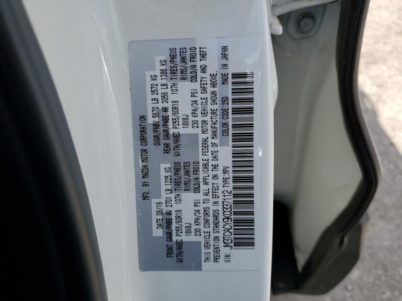 2019 Mazda Cx-9 Touring VIN: JM3TCACY9K0337112 Lot: 56565365