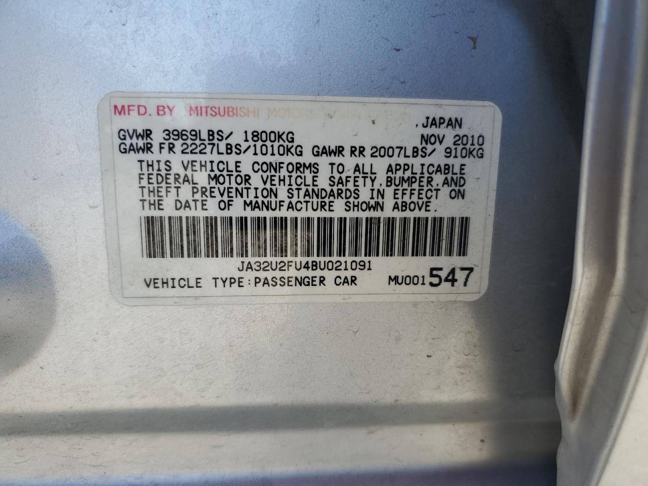 2011 Mitsubishi Lancer Es/Es Sport VIN: JA32U2FU4BU021091 Lot: 56993445