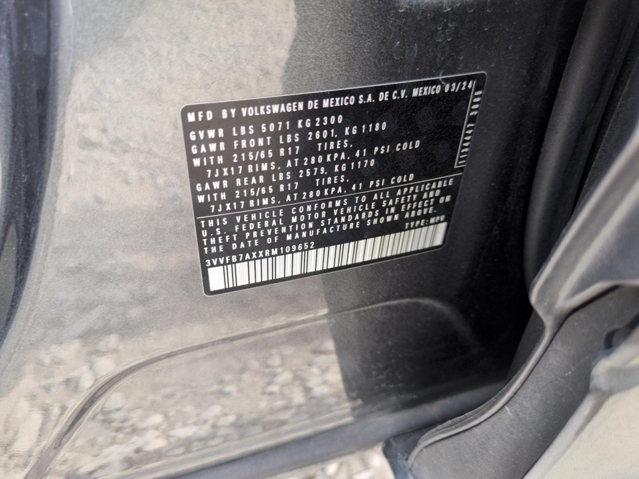 2024 Volkswagen Tiguan S VIN: 3VVFB7AXXRM109652 Lot: 58813325