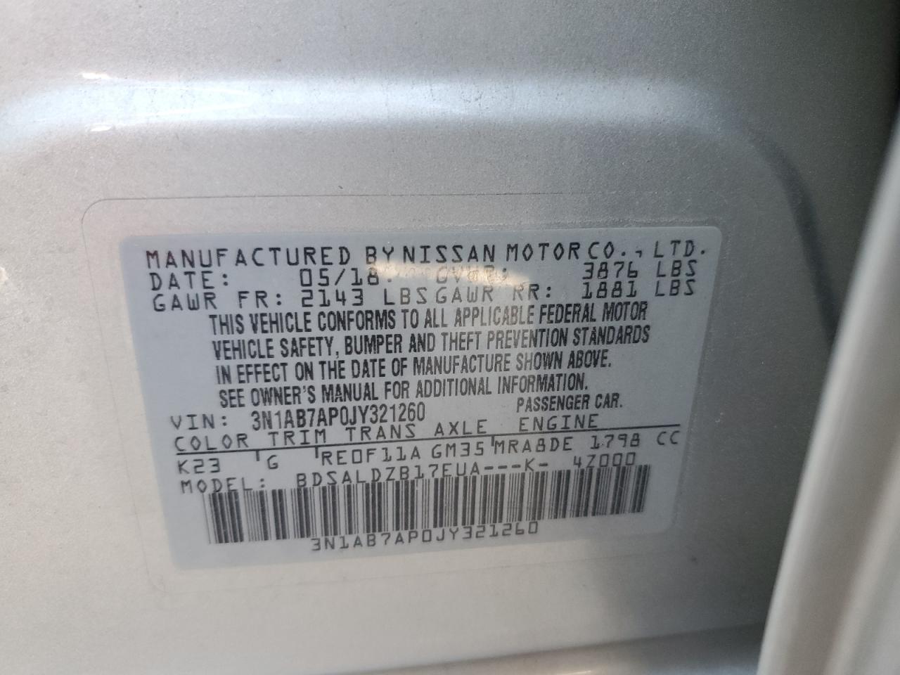 2018 Nissan Sentra S VIN: 3N1AB7AP0JY321260 Lot: 59013695