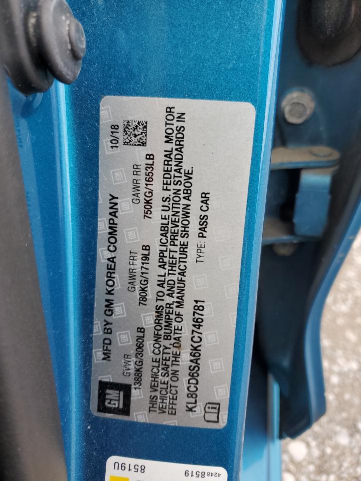 2019 Chevrolet Spark 1Lt VIN: KL8CD6SA6KC746781 Lot: 59040755
