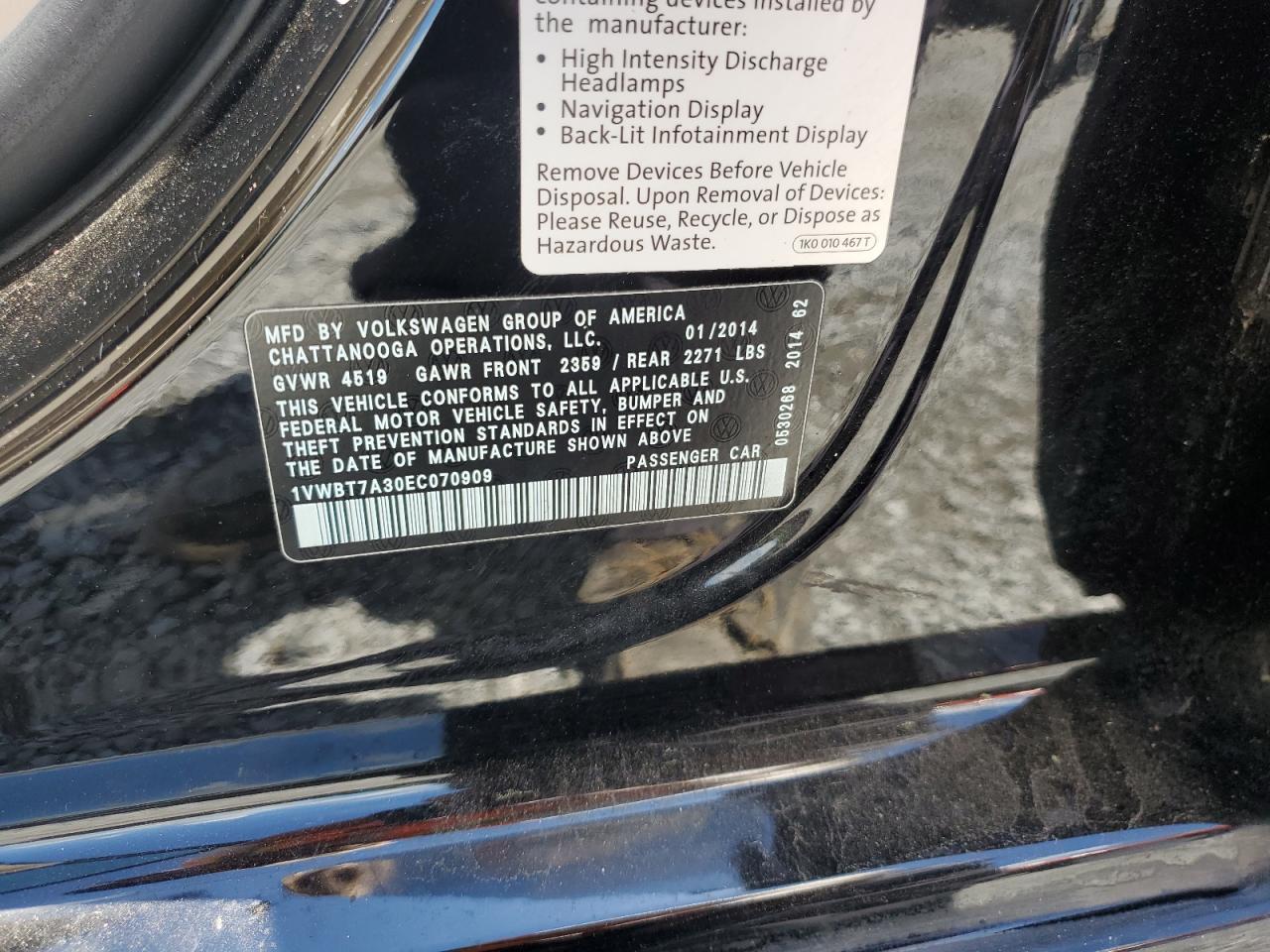 2014 Volkswagen Passat Se VIN: 1VWBT7A30EC070909 Lot: 56470155