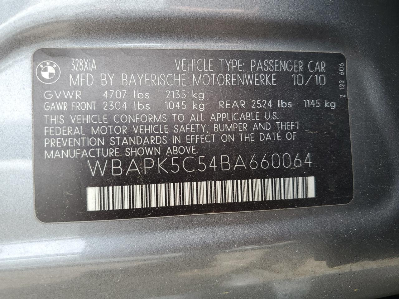 2011 BMW 328 Xi Sulev VIN: WBAPK5C54BA660064 Lot: 56854325