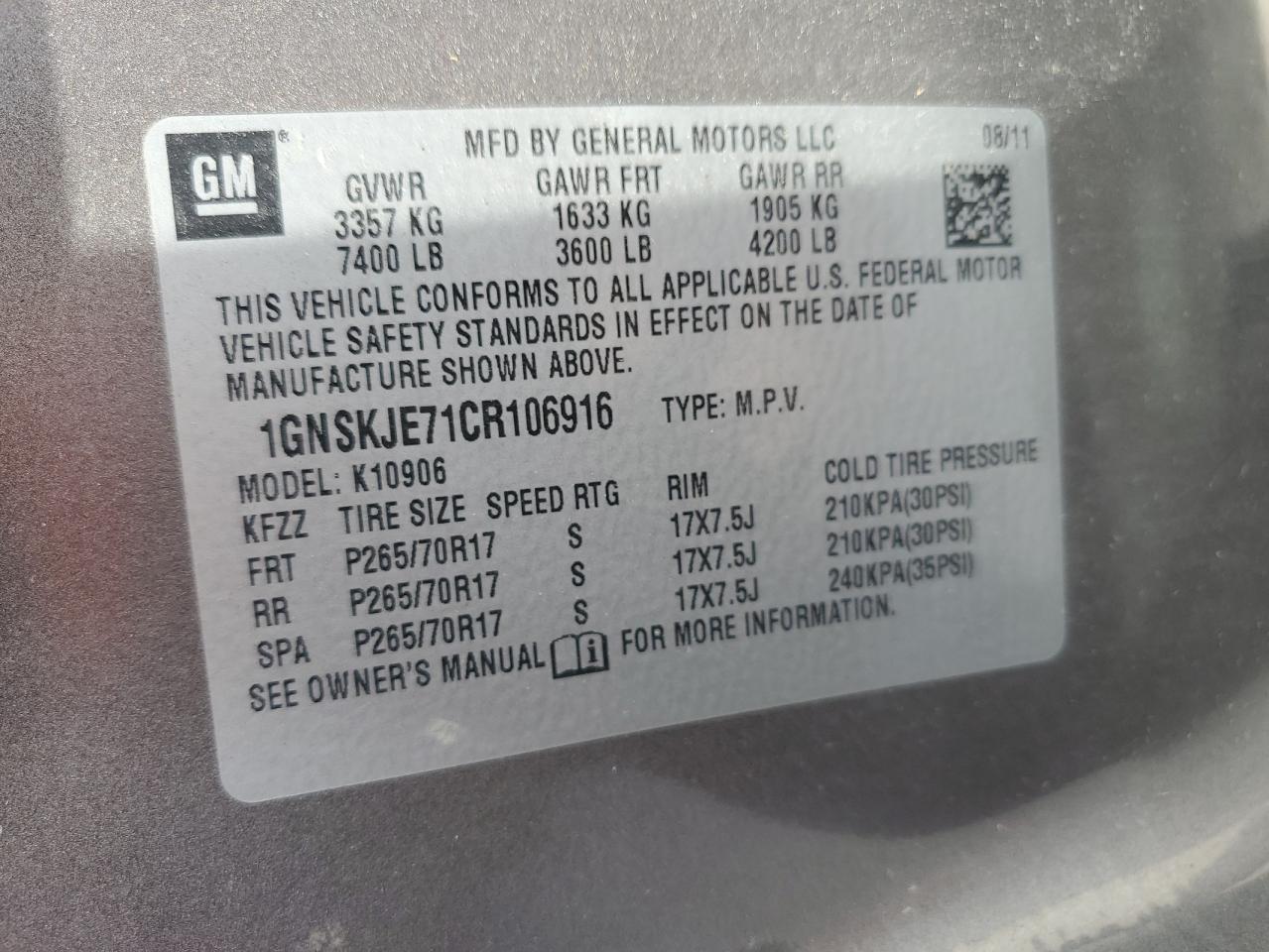 2012 Chevrolet Suburban K1500 Lt VIN: 1GNSKJE71CR106916 Lot: 56253915
