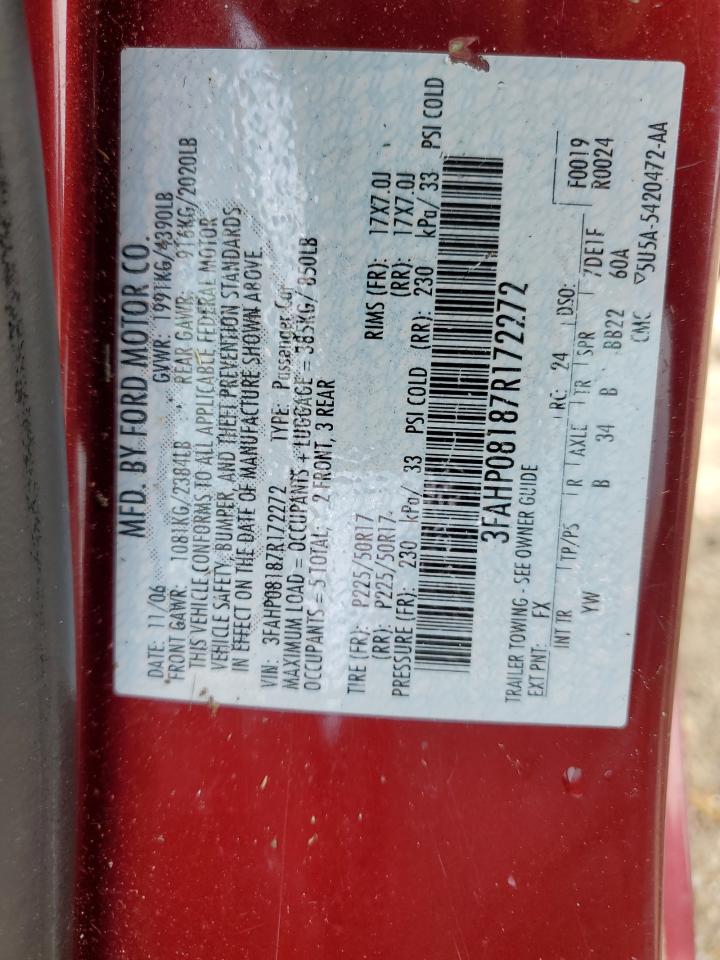2007 Ford Fusion Sel VIN: 3FAHP08187R172272 Lot: 58210715