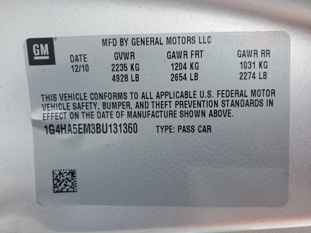 2011 Buick Lucerne Cx VIN: 1G4HA5EM3BU131360 Lot: 56109655