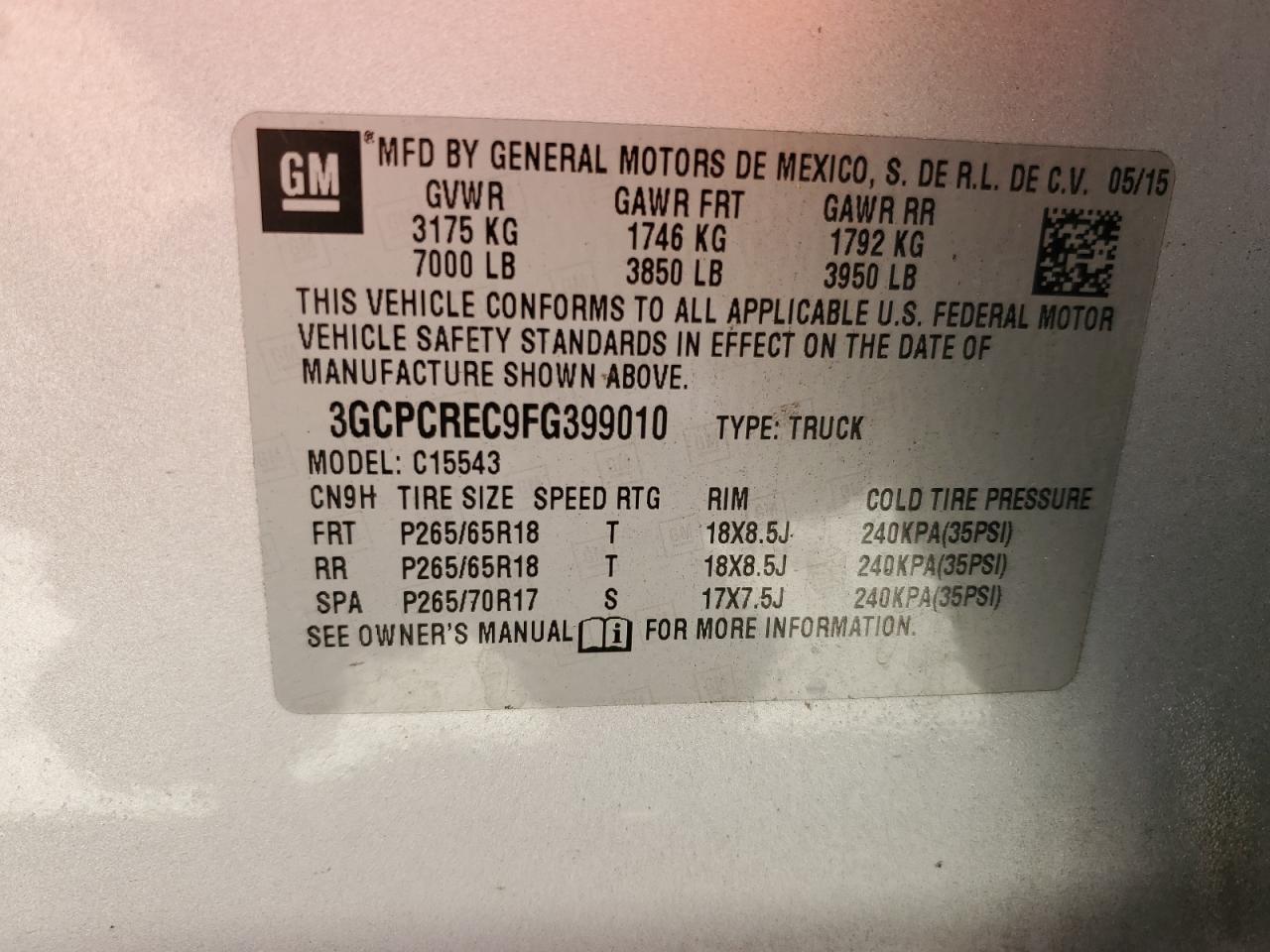 2015 Chevrolet Silverado C1500 Lt VIN: 3GCPCREC9FG399010 Lot: 57308065