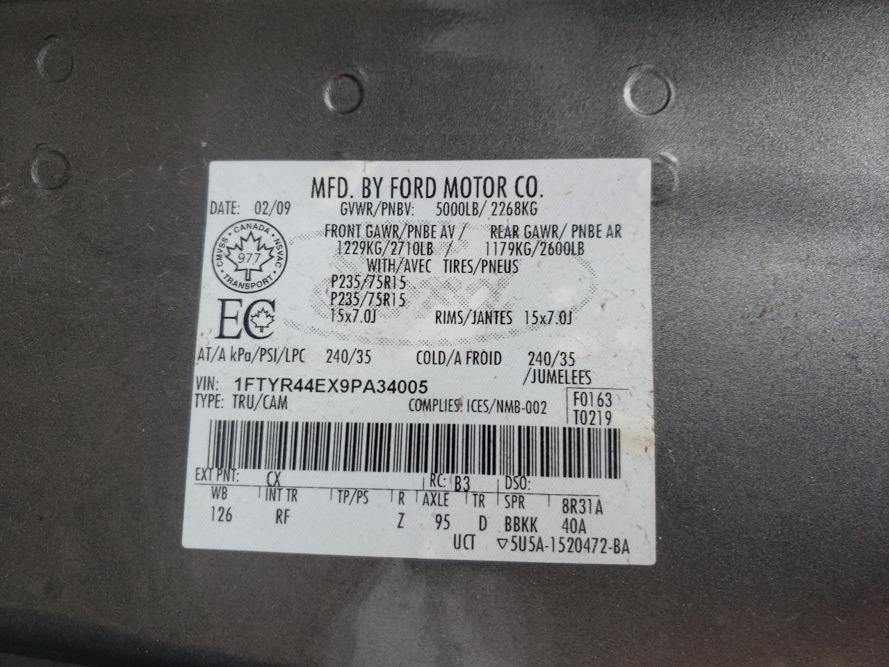 2009 Ford Ranger Super Cab VIN: 1FTYR44EX9PA34005 Lot: 57329855