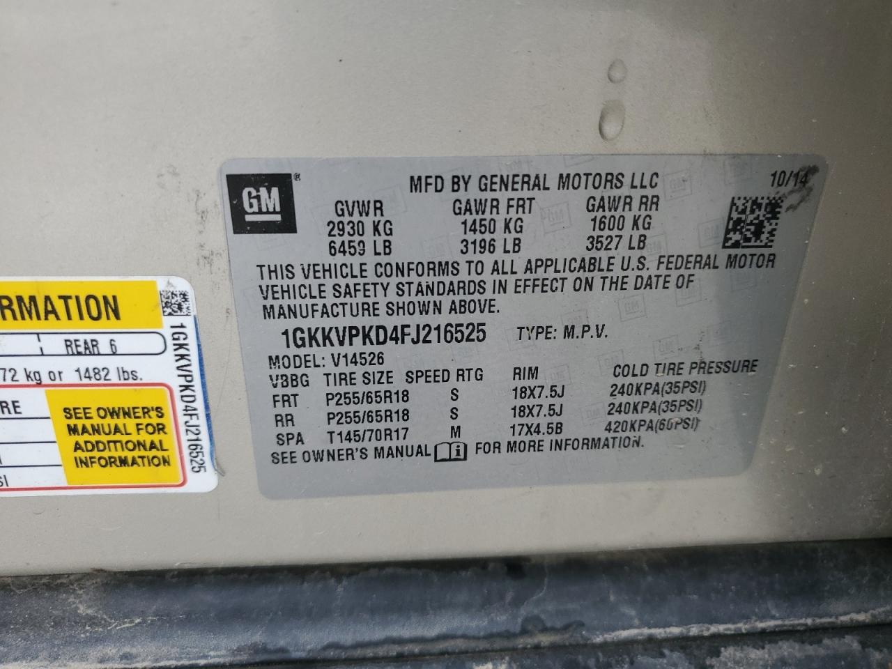 2015 GMC Acadia Sle VIN: 1GKKVPKD4FJ216525 Lot: 55595105