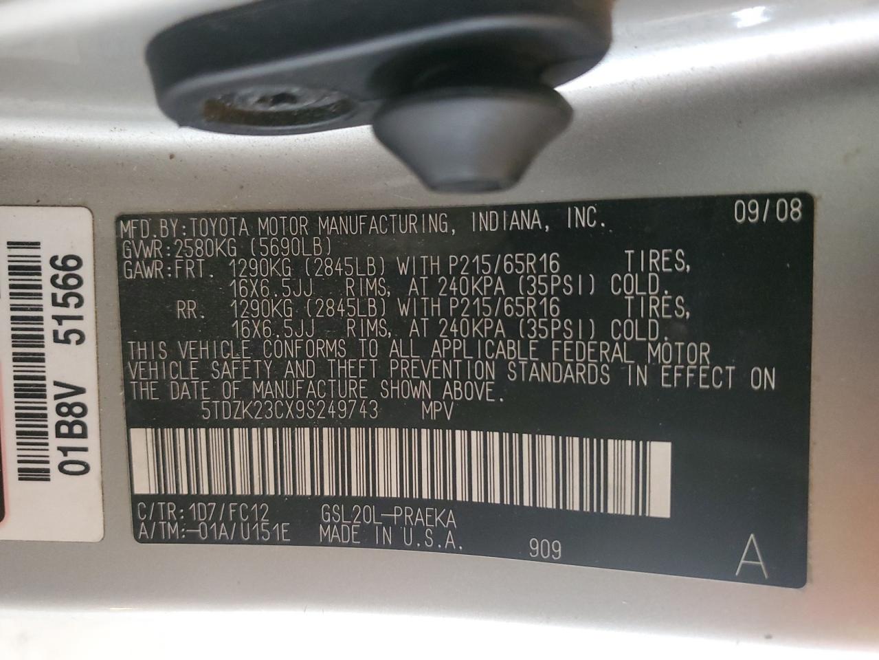 2009 Toyota Sienna Ce VIN: 5TDZK23CX9S249743 Lot: 57275055