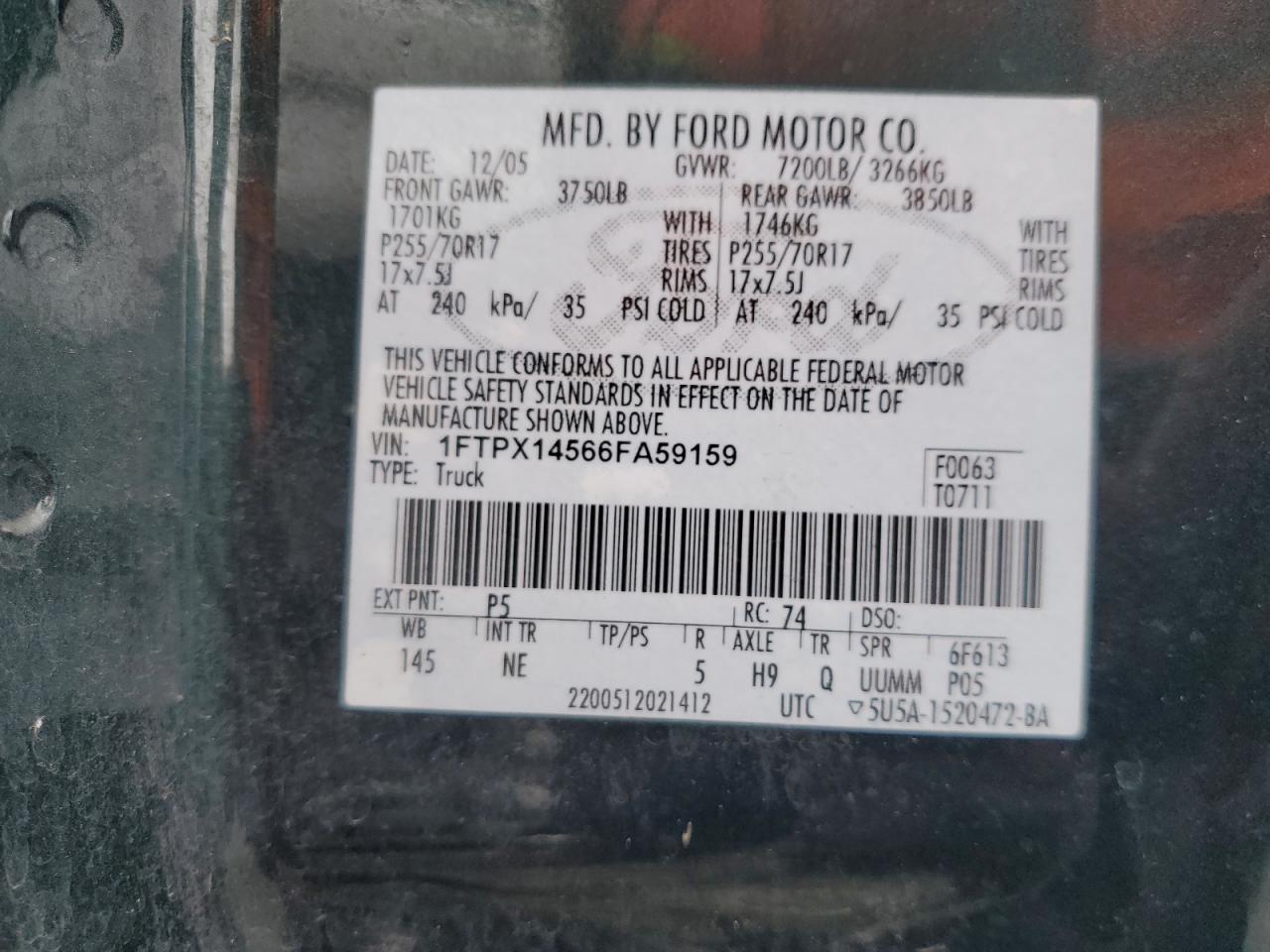 2006 Ford F150 VIN: 1FTPX14566FA59159 Lot: 57330045