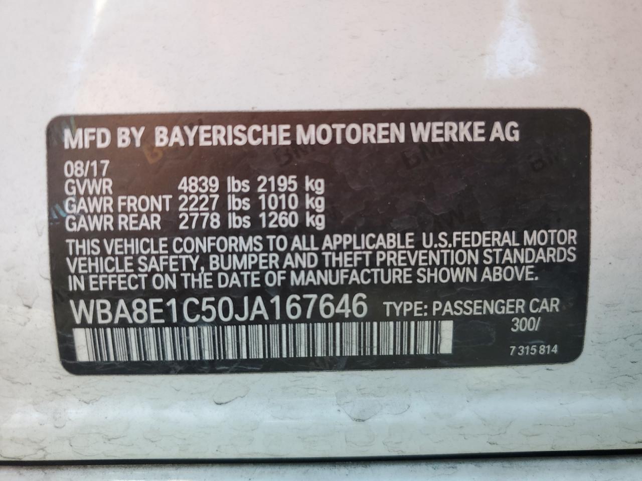 2018 BMW 330E VIN: WBA8E1C50JA167646 Lot: 57307145