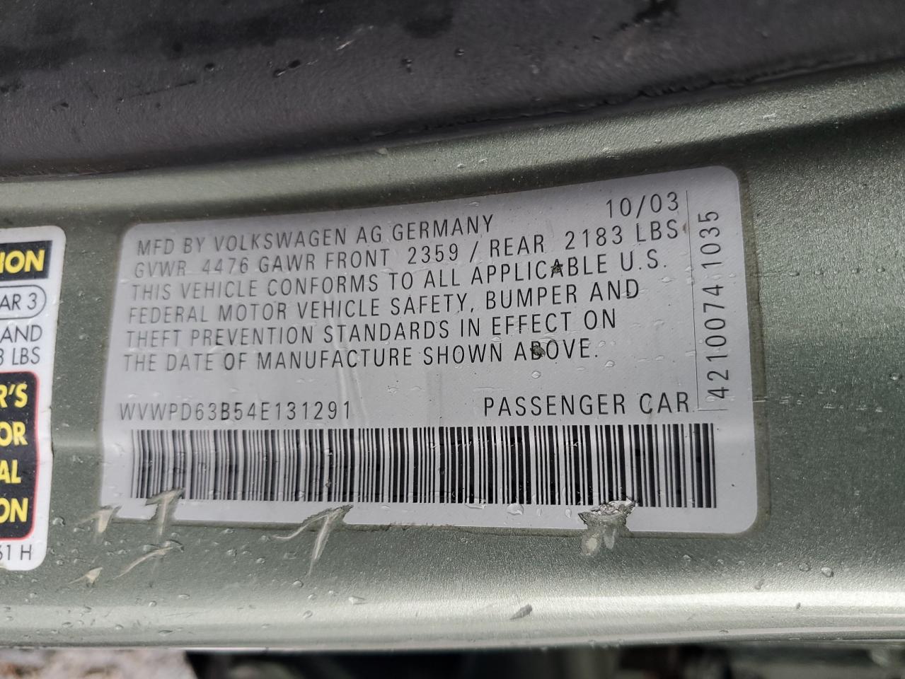 2004 Volkswagen Passat Gls VIN: WVWPD63B54E131291 Lot: 57145065