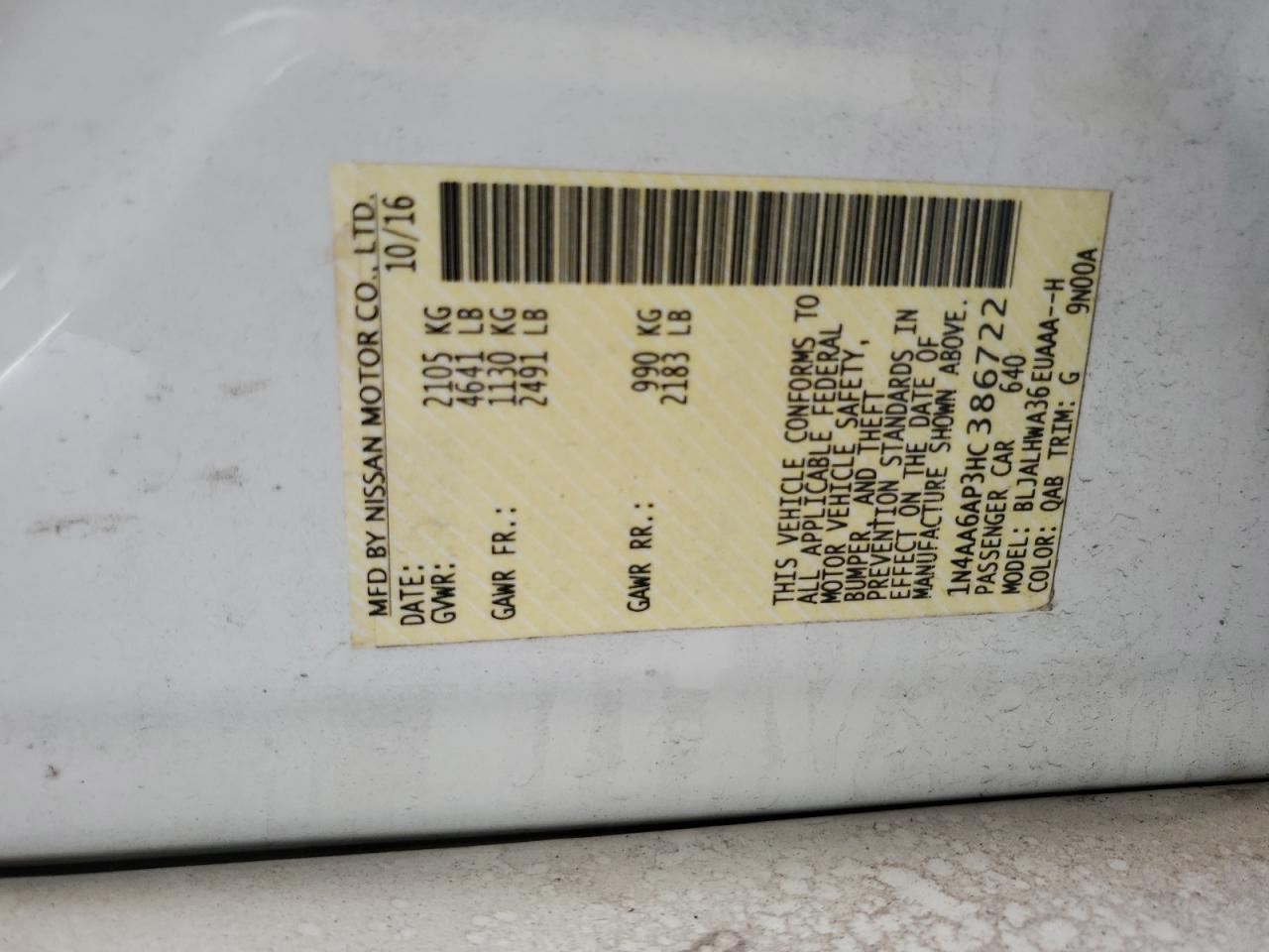 2017 Nissan Maxima 3.5S VIN: 1N4AA6AP3HC386722 Lot: 56196775