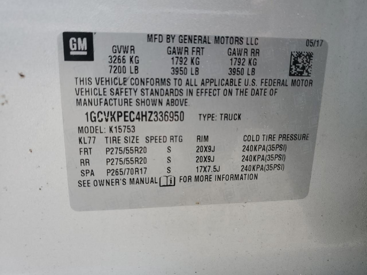 2017 Chevrolet Silverado K1500 Custom VIN: 1GCVKPEC4HZ336950 Lot: 58189385
