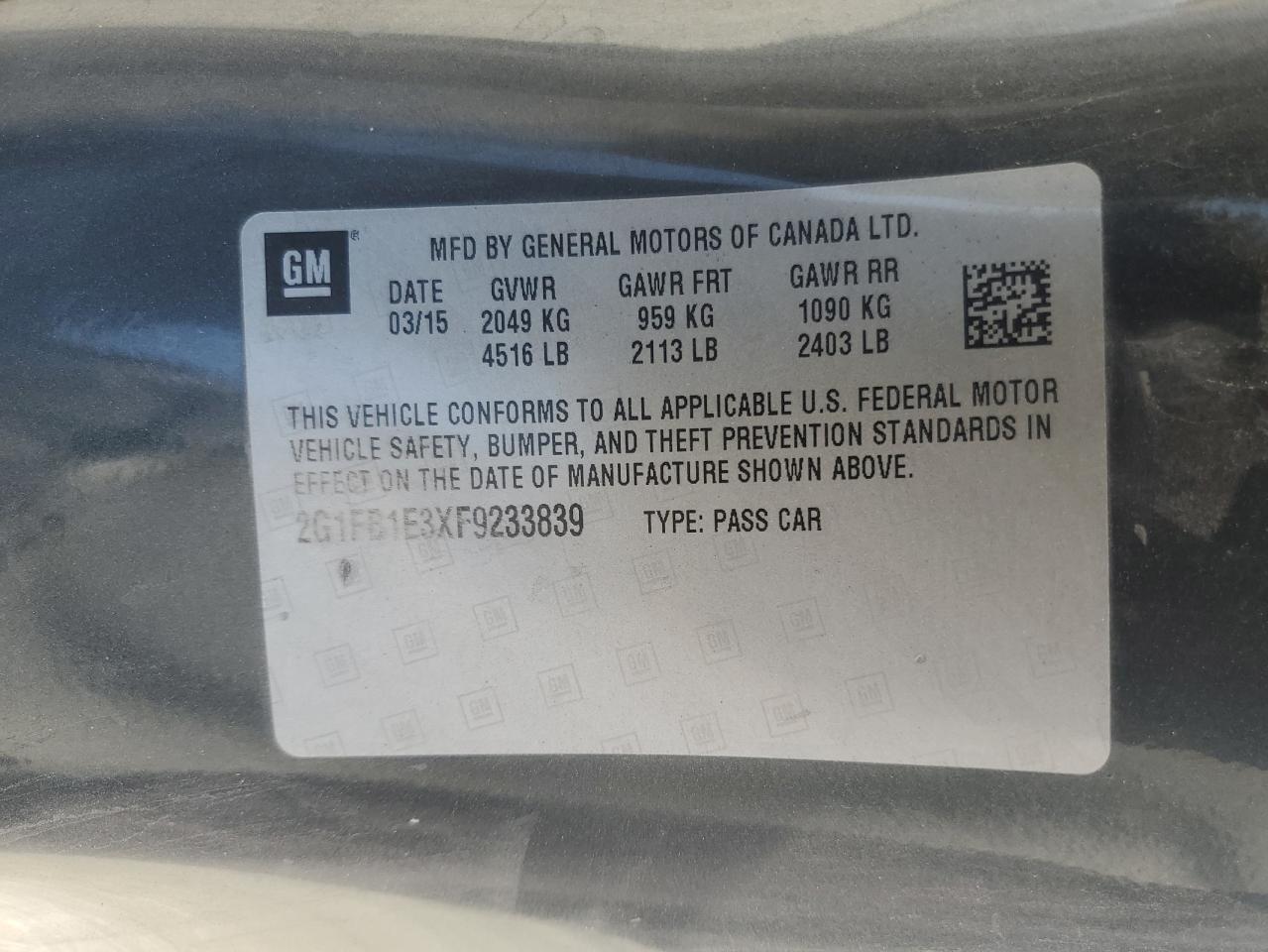 2015 Chevrolet Camaro Ls VIN: 2G1FB1E3XF9233839 Lot: 57117495