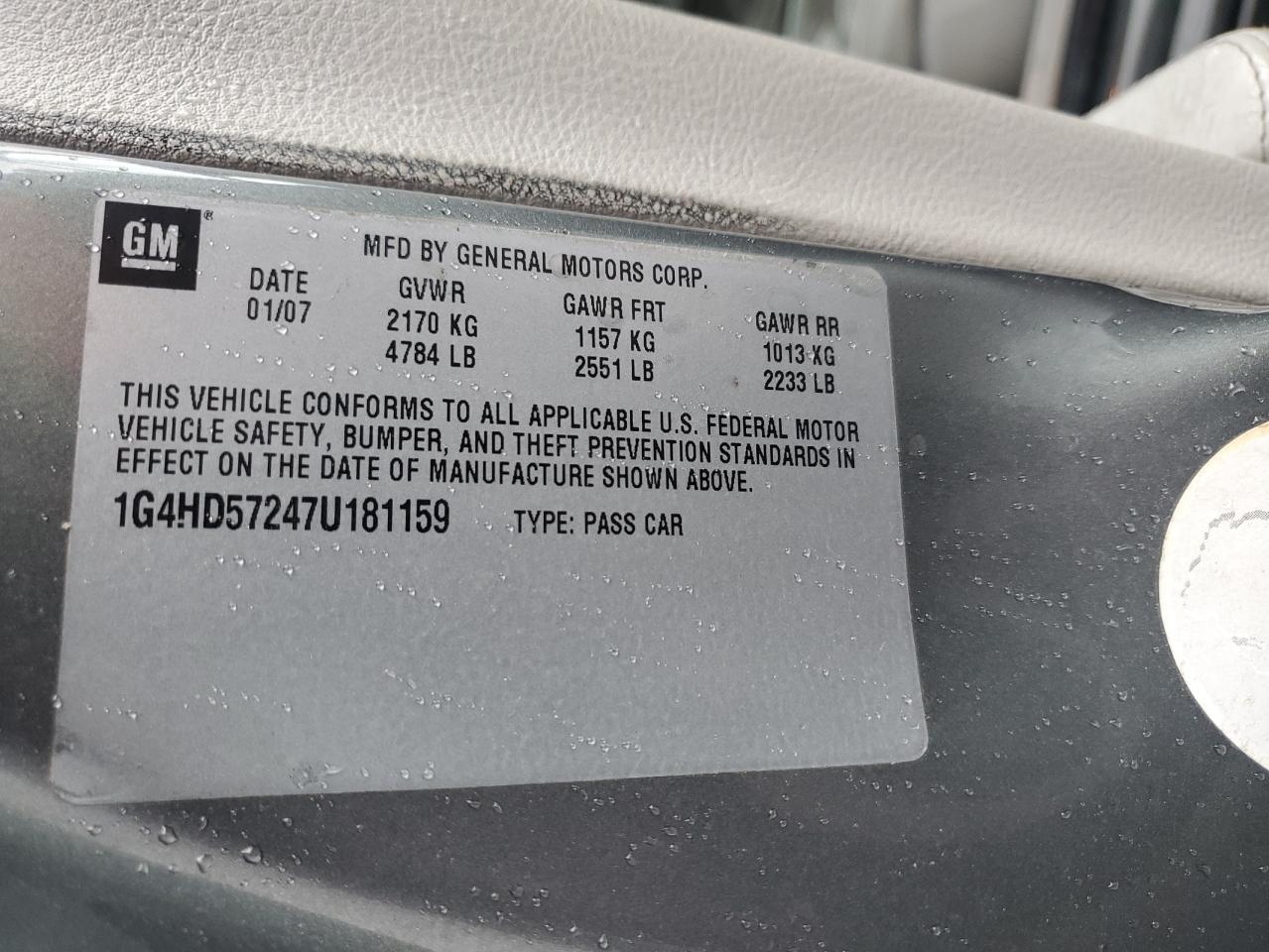 2007 Buick Lucerne Cxl VIN: 1G4HD57247U181159 Lot: 56969895