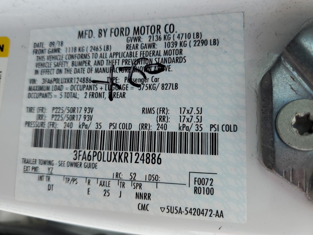 2019 Ford Fusion Se VIN: 3FA6P0LUXKR124886 Lot: 54025555