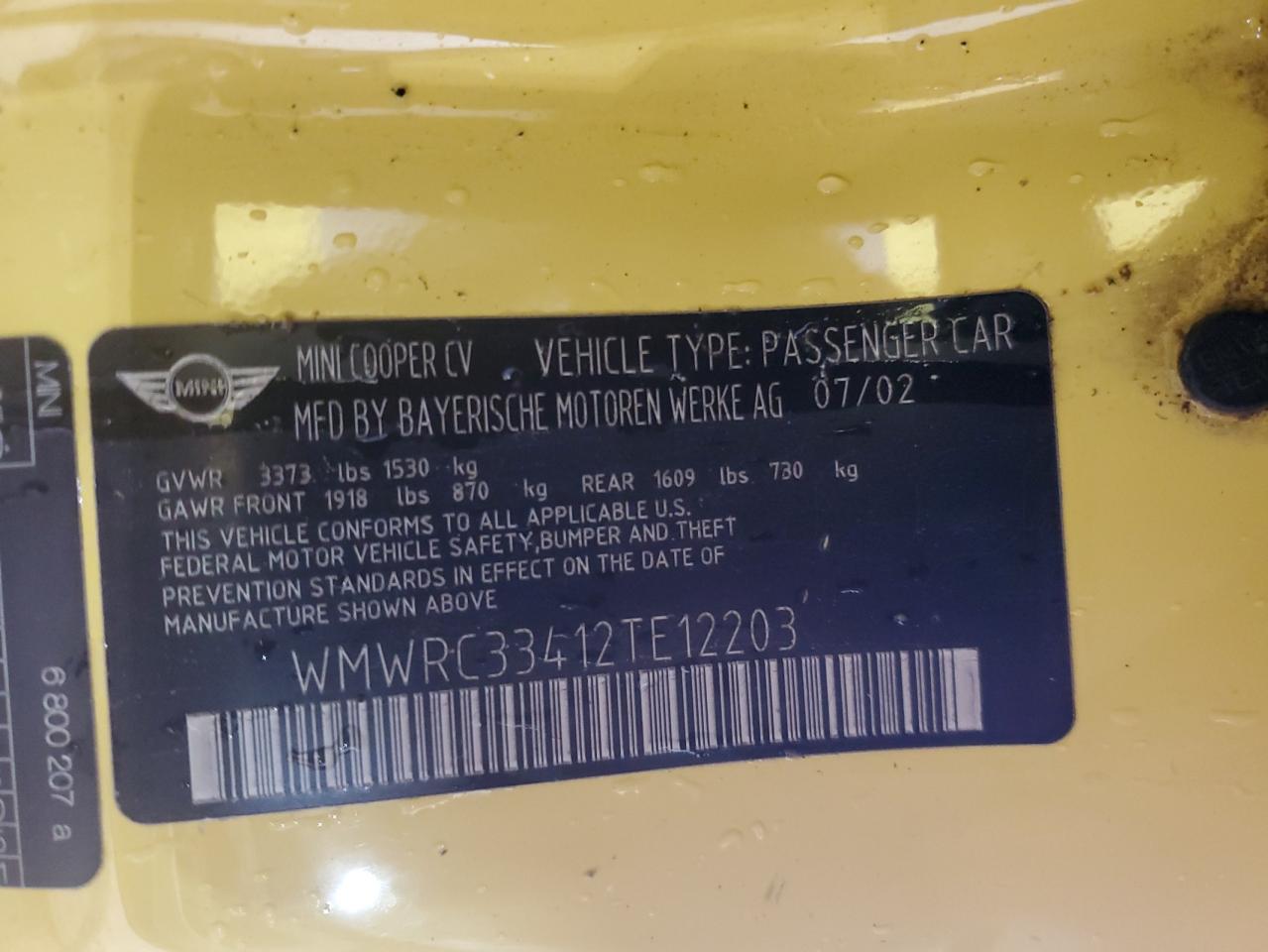 2002 Mini Cooper VIN: WMWRC33412TE12203 Lot: 58246045