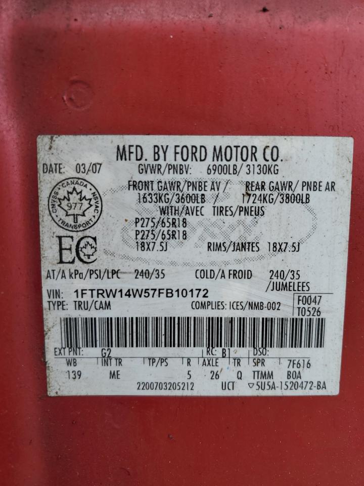 2007 Ford F150 Supercrew VIN: 1FTRW14W57FB10172 Lot: 56249205