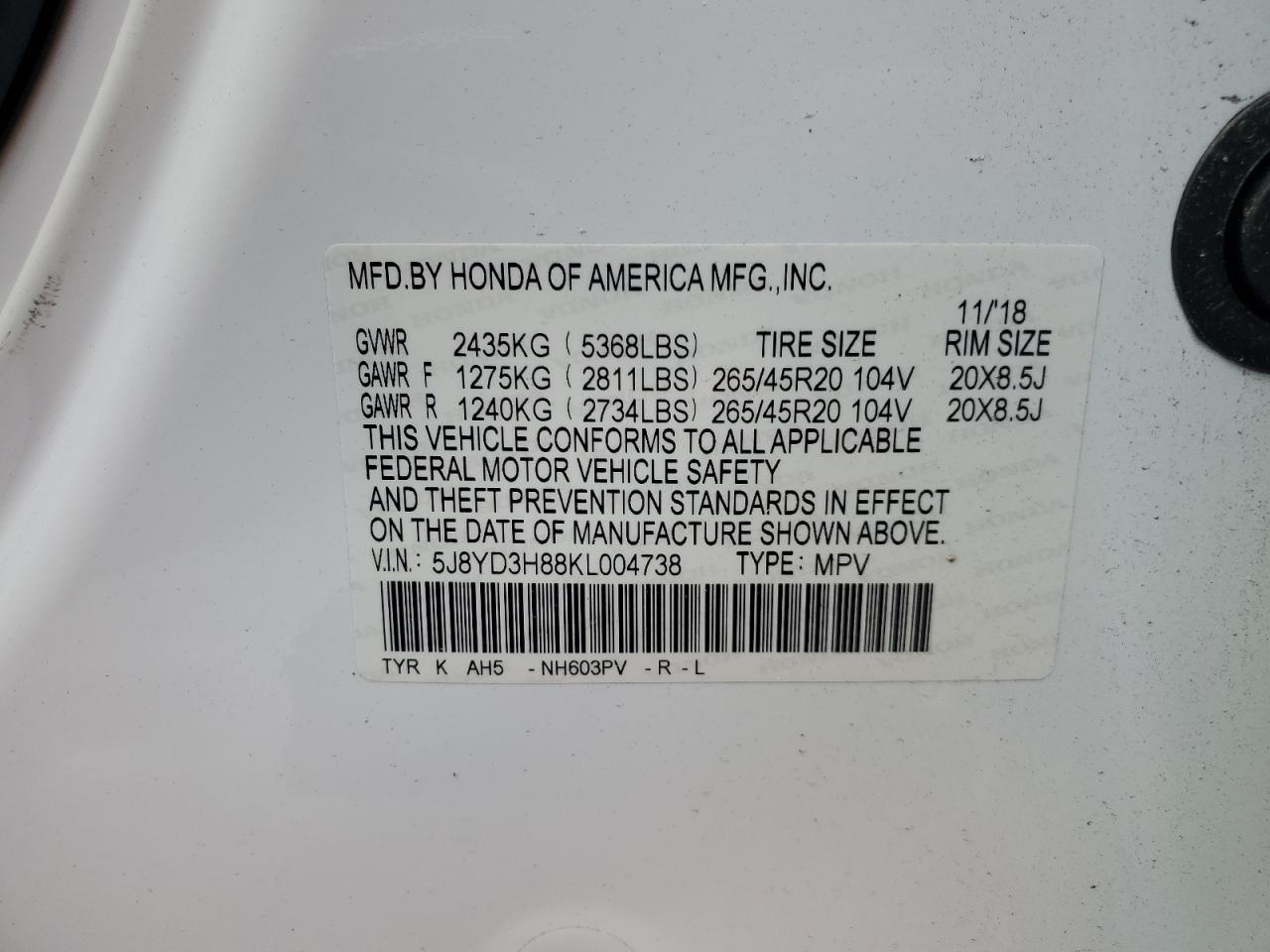 2019 Acura Mdx Advance VIN: 5J8YD3H88KL004738 Lot: 57095275