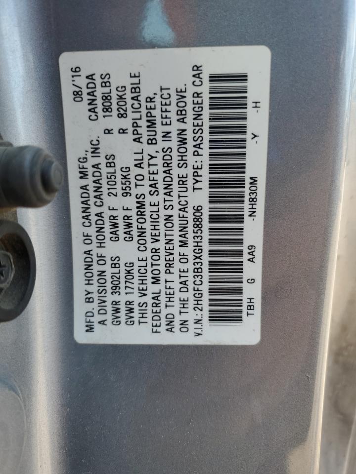 2016 Honda Civic Ex VIN: 2HGFC3B3XGH358806 Lot: 55928735