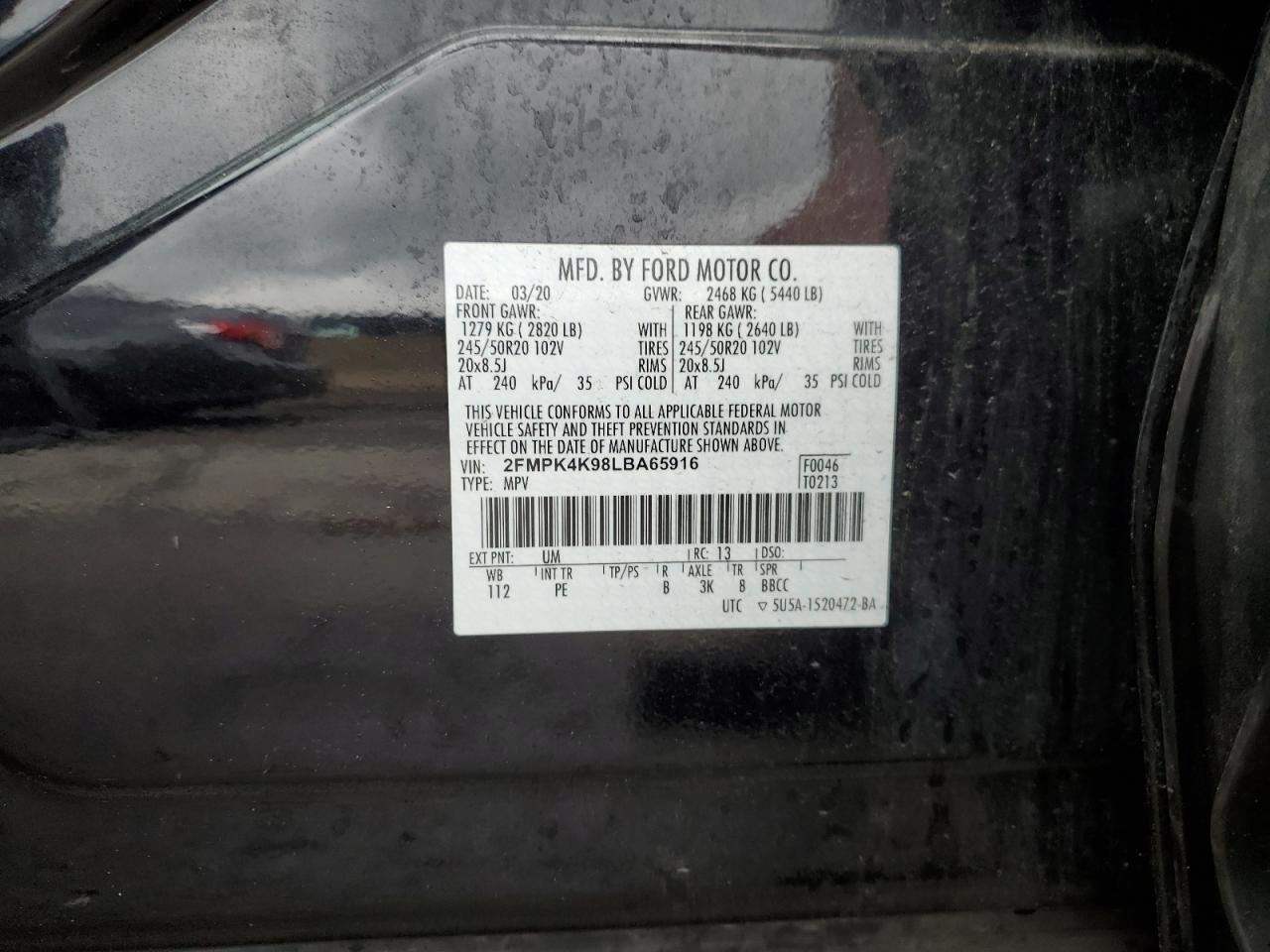 2020 Ford Edge Titanium VIN: 2FMPK4K98LBA65916 Lot: 55630355