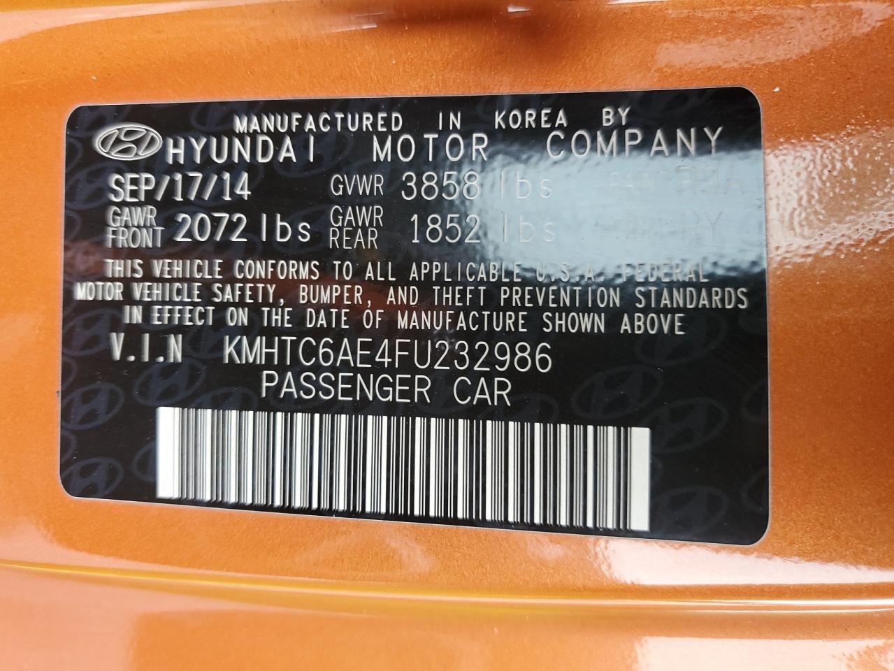 2015 Hyundai Veloster Turbo VIN: KMHTC6AE4FU232986 Lot: 55335565