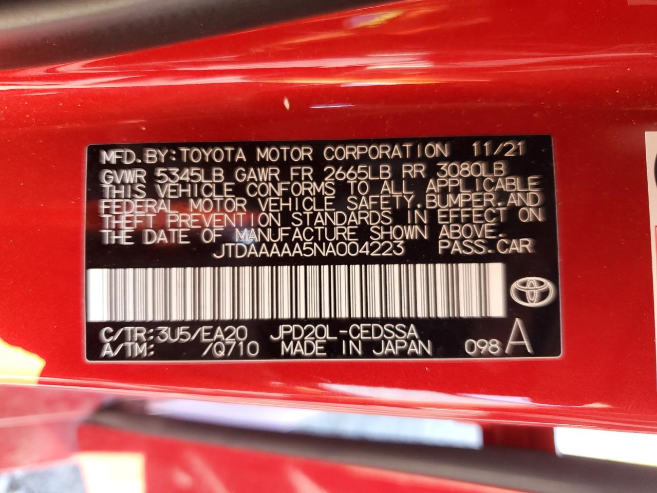 2022 Toyota Mirai Le VIN: JTDAAAAA5NA004223 Lot: 57260305