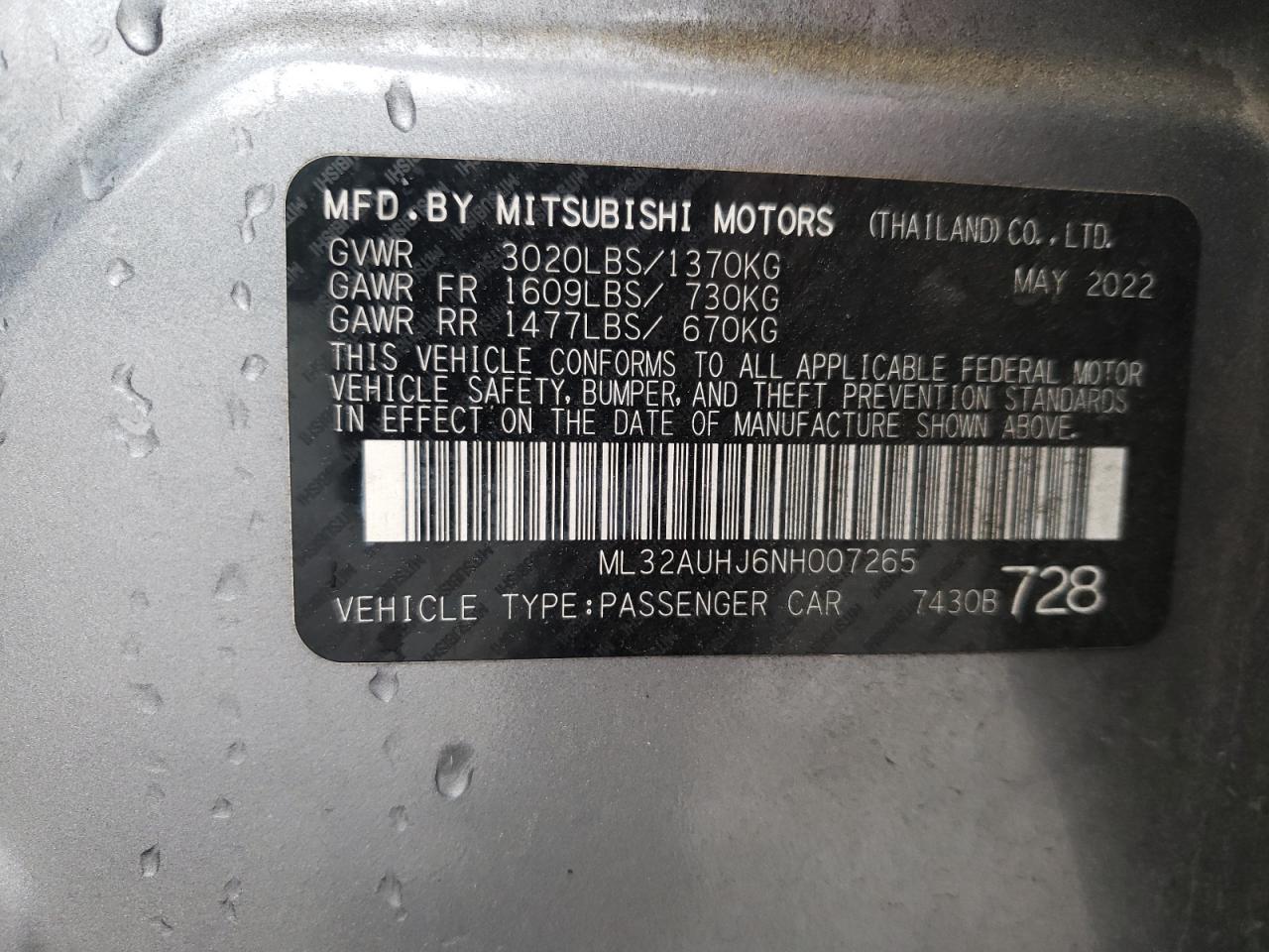 2022 Mitsubishi Mirage Es VIN: ML32AUHJ6NH007265 Lot: 58022215