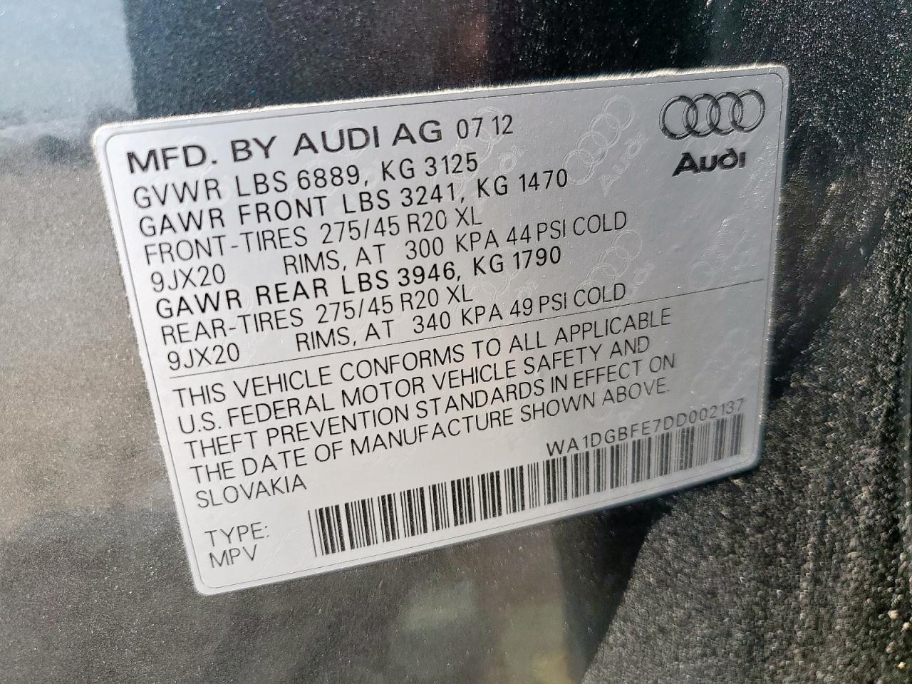 2013 Audi Q7 Prestige VIN: WA1DGBFE7DD002137 Lot: 58760065