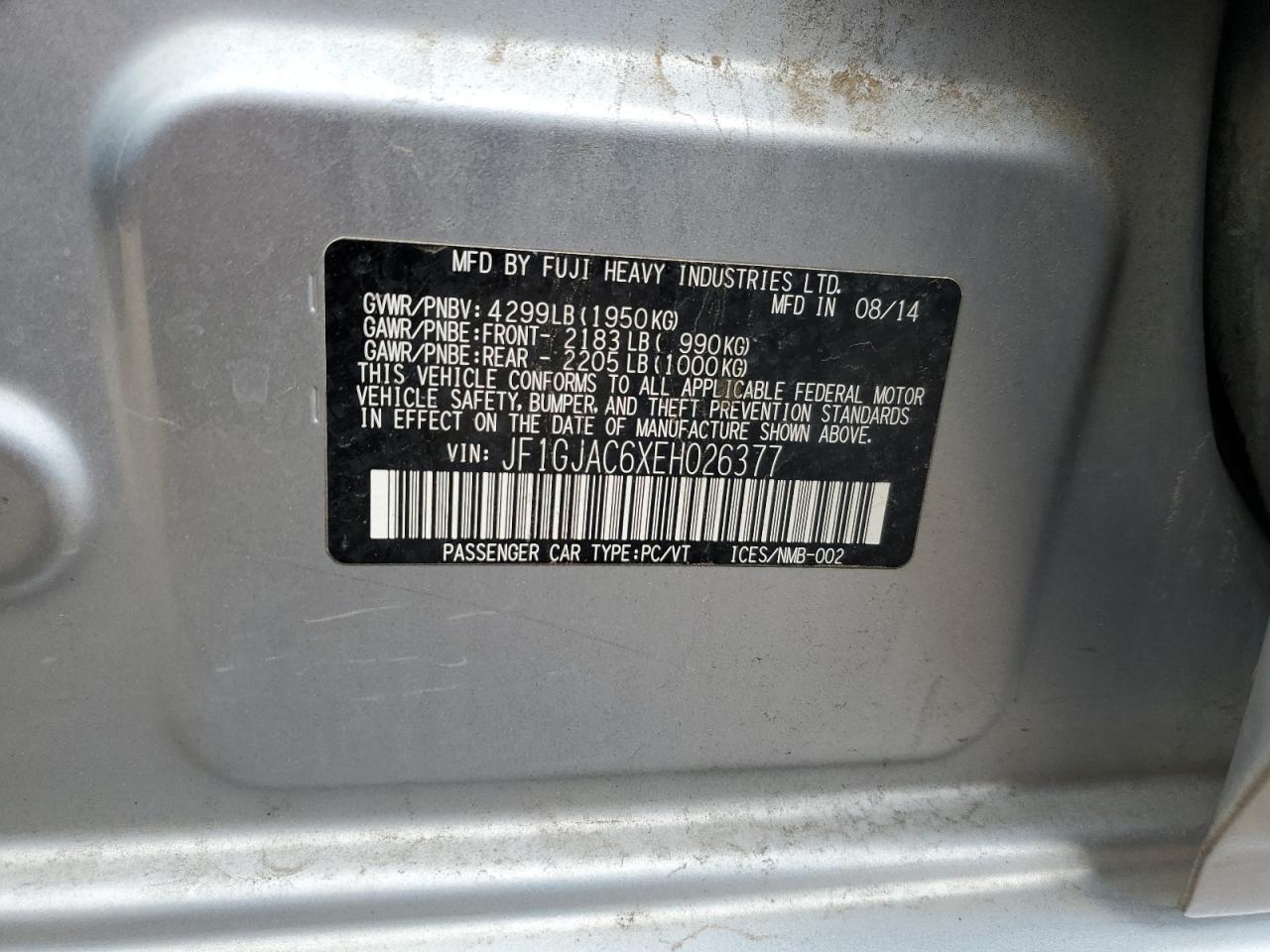 2014 Subaru Impreza Premium VIN: JF1GJAC6XEH026377 Lot: 57051015