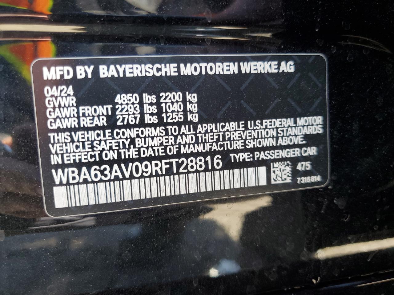 2024 BMW 430I Gran Coupe VIN: WBA63AV09RFT28816 Lot: 56243595