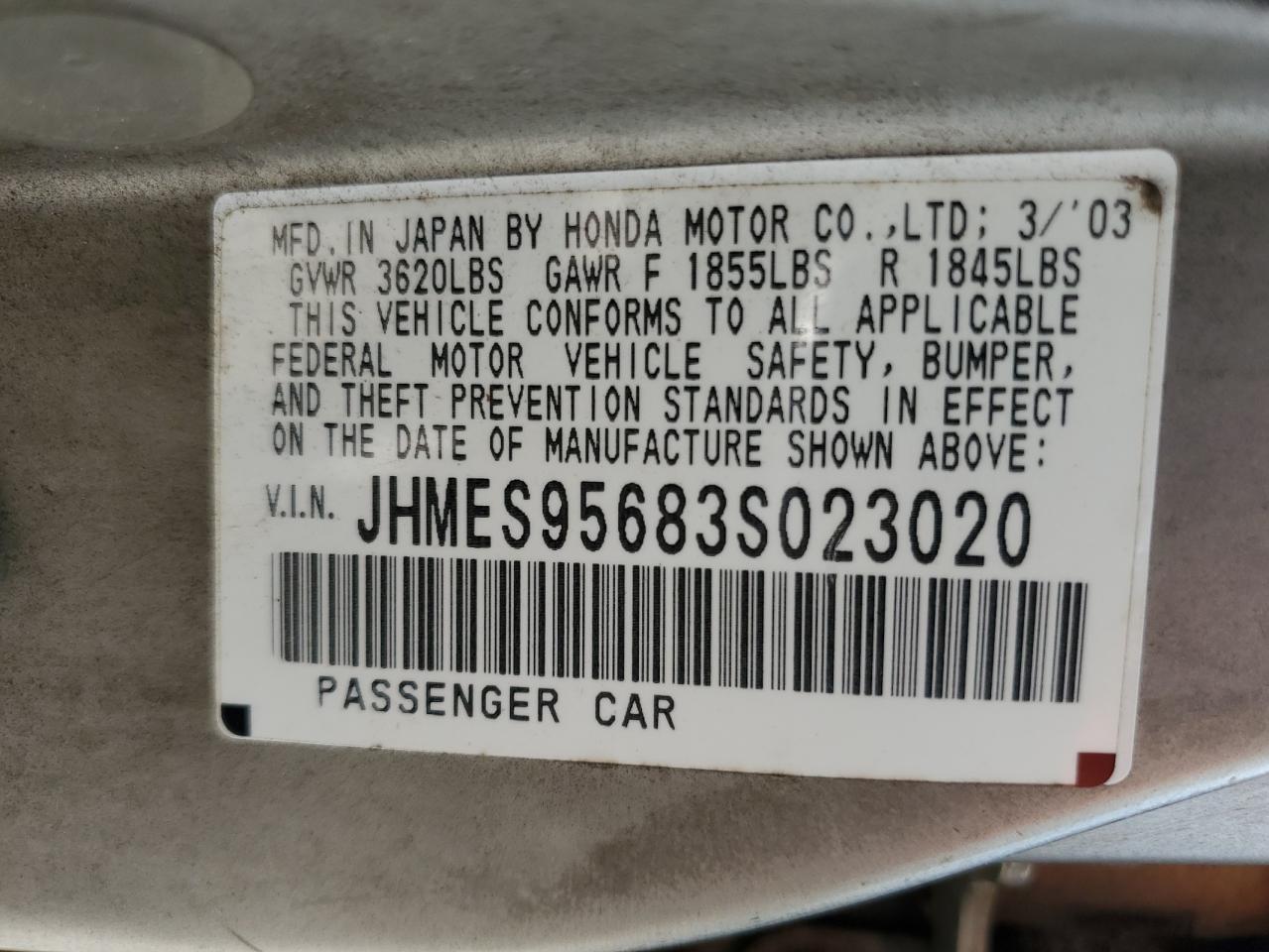 2003 Honda Civic Hybrid VIN: JHMES95683S023020 Lot: 56313415