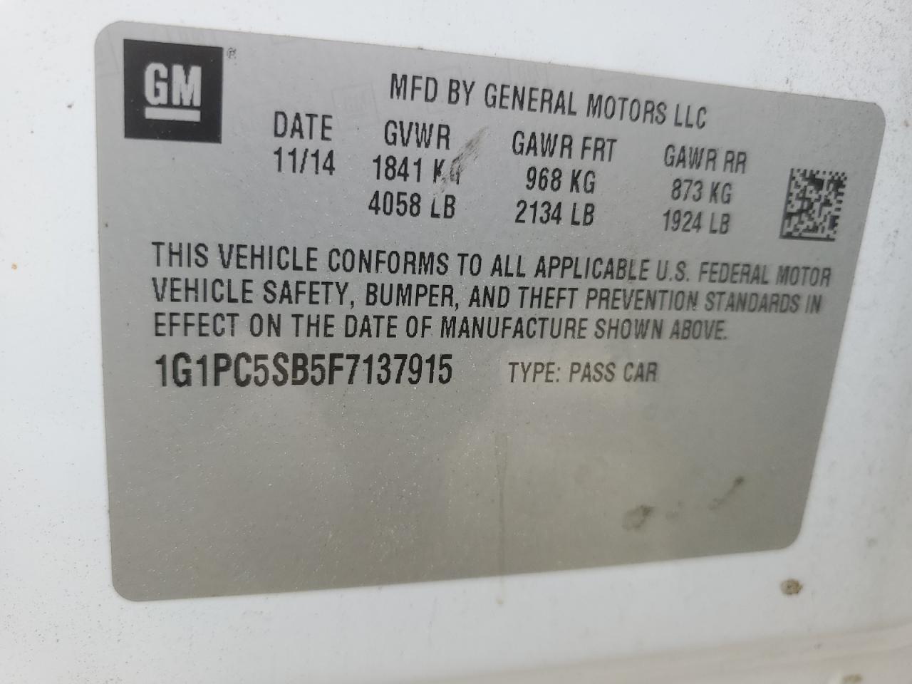 2015 Chevrolet Cruze Lt VIN: 1G1PC5SB5F7137915 Lot: 57142395