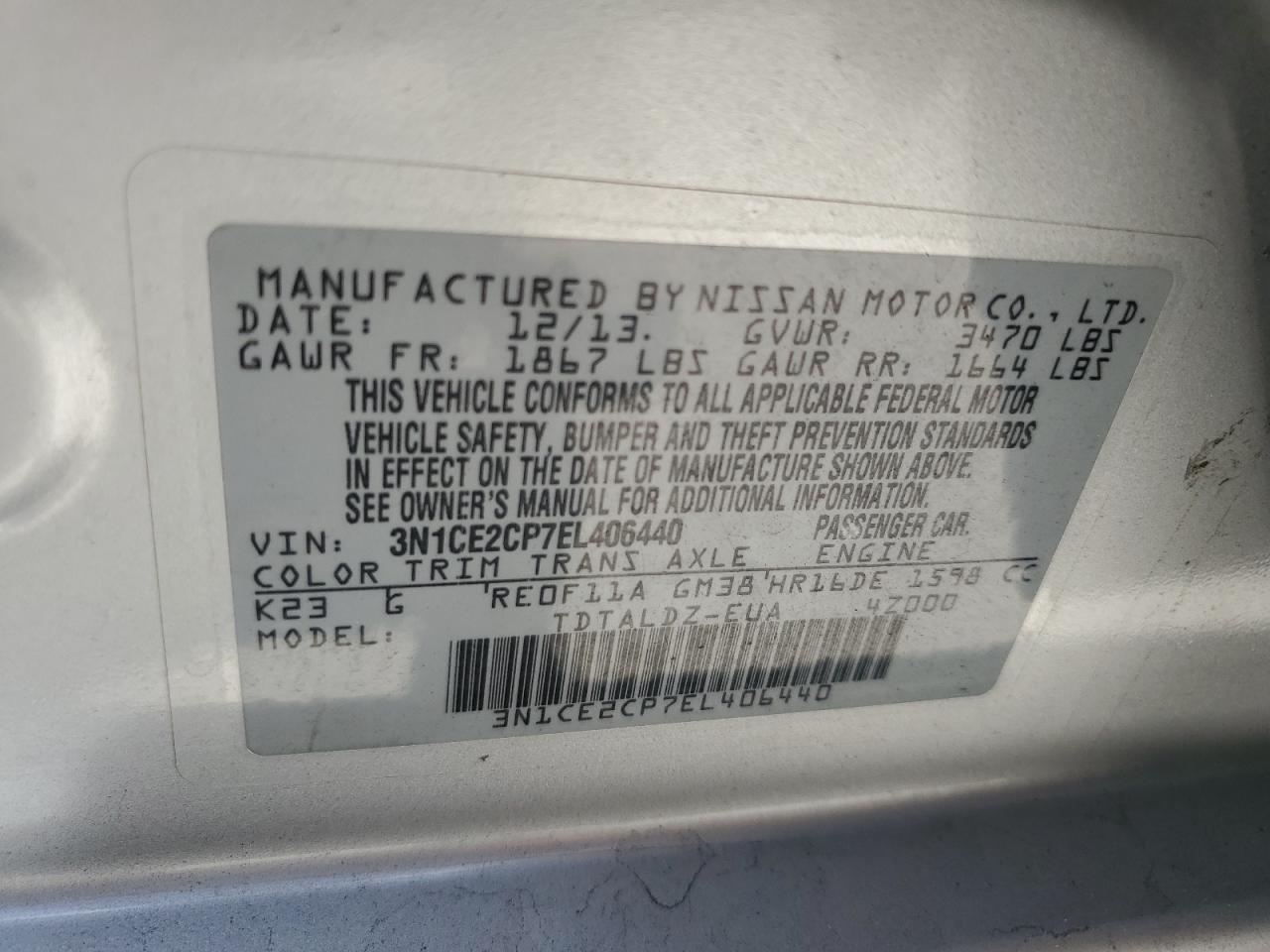 2014 Nissan Versa Note S VIN: 3N1CE2CP7EL406440 Lot: 57752835