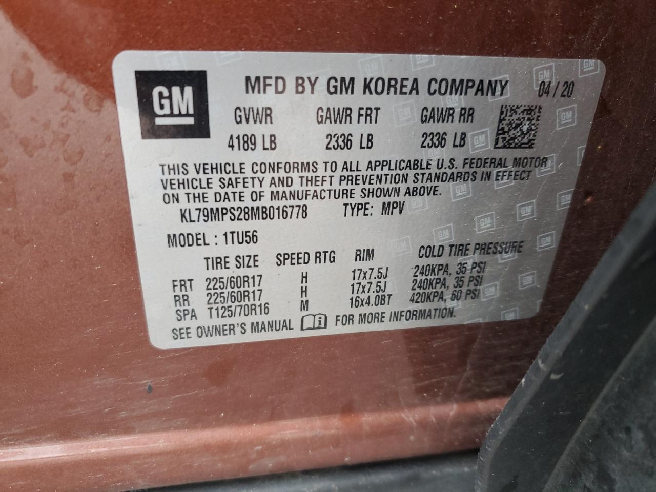 2021 Chevrolet Trailblazer Lt VIN: KL79MPS28MB016778 Lot: 58887085