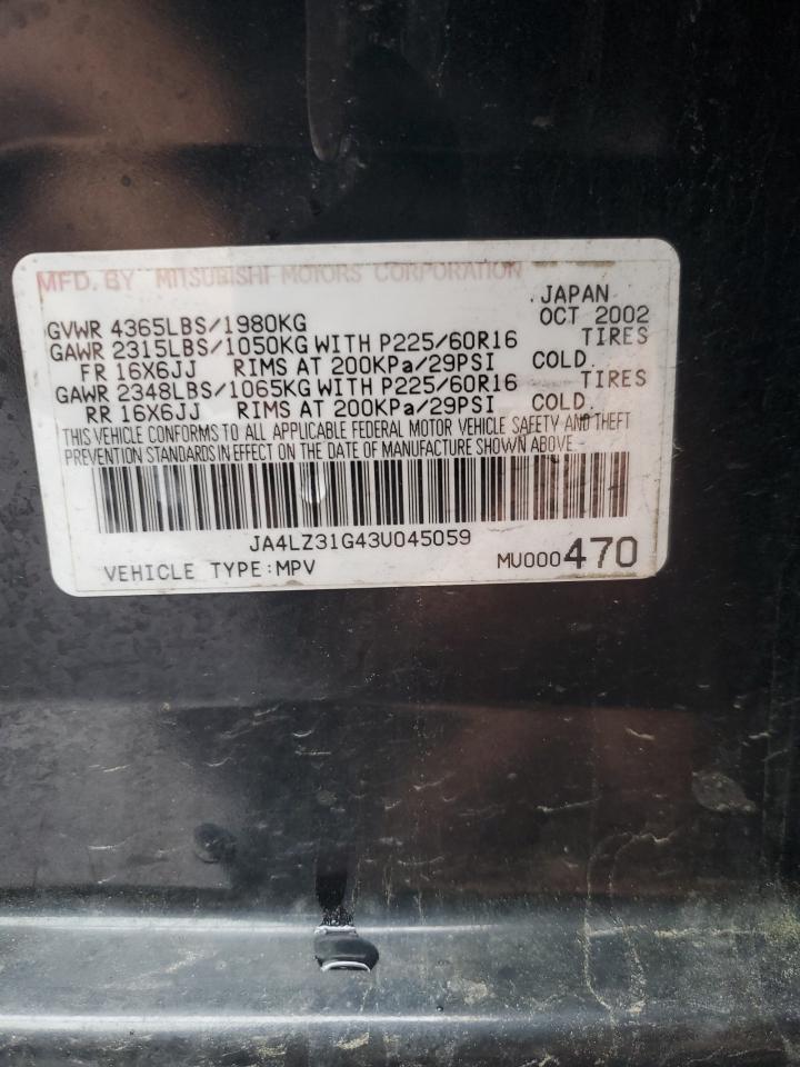 2003 Mitsubishi Outlander Ls VIN: JA4LZ31G43U045059 Lot: 56179195