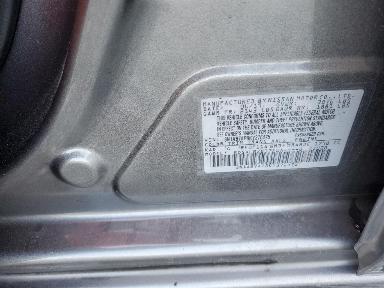 2019 Nissan Sentra S VIN: 3N1AB7AP8KY376475 Lot: 54554685