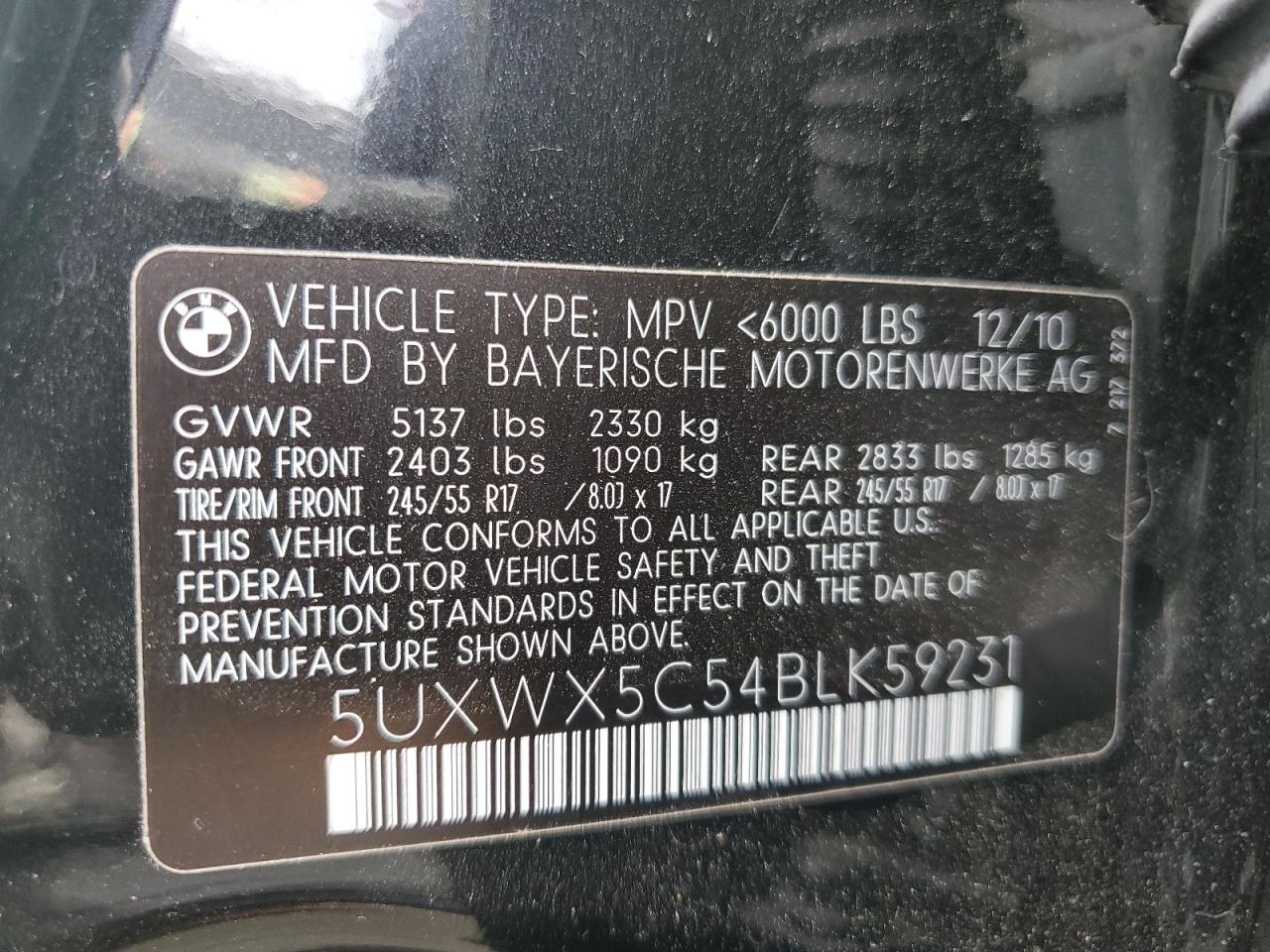 2011 BMW X3 xDrive28I VIN: 5UXWX5C54BLK59231 Lot: 56883795