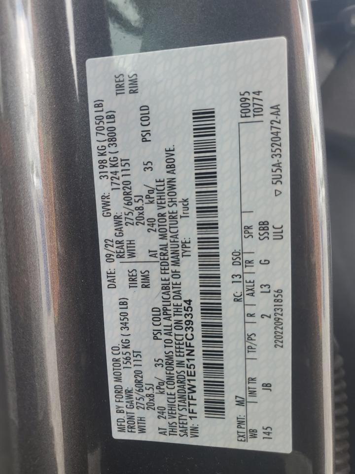 2022 Ford F150 Supercrew VIN: 1FTFW1E51NFC39354 Lot: 56568035